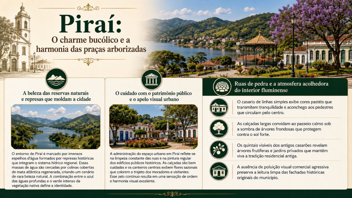 Infográfico sobre Piraí com foto de represas cercadas por montanhas, praças floridas com coreto e casarios coloniais em tons pastéis.