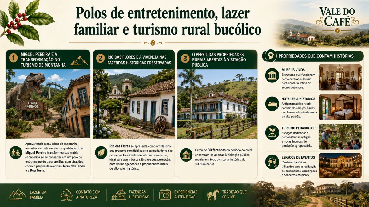 Infográfico com fotos de Miguel Pereira, Rio das Flores e fazendas históricas destacando o lazer familiar e o turismo rural no Vale do Café.