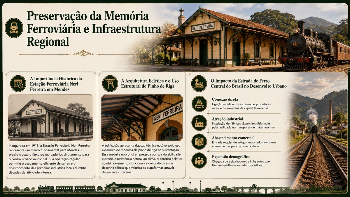 Infográfico sobre a preservação da memória ferroviária e infraestrutura regional destacando a Estação Ferroviária Neri Ferreira em Mendes construída em mil novecentos e onze a arquitetura eclética em pinho de riga e o impacto da Estrada de Ferro Central do Brasil no desenvolvimento urbano do interior fluminense.