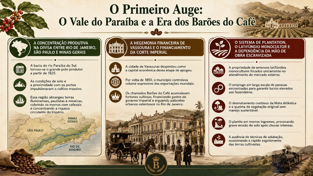 Infográfico histórico detalhado sobre o primeiro auge do café no Vale do Paraíba e a era dos Barões do Café. A imagem é dividida em três colunas organizadas: a primeira explica a concentração produtiva na divisa entre Rio de Janeiro, São Paulo e Minas Gerais, com um mapa da bacia do rio Paraíba do Sul. A segunda aborda a hegemonia financeira de Vassouras e o financiamento da corte imperial, mostrando um palacete e aristocratas com carruagem. A terceira descreve a estrutura do sistema de plantation, o latifúndio monocultor, o desmatamento da Mata Atlântica e a dependência da mão de obra escravizada.