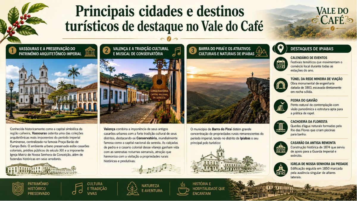 Infográfico apresentando os principais destinos turísticos das cidades do Vale do Café com fotos de Vassouras, Conservatória e Ipiabas.