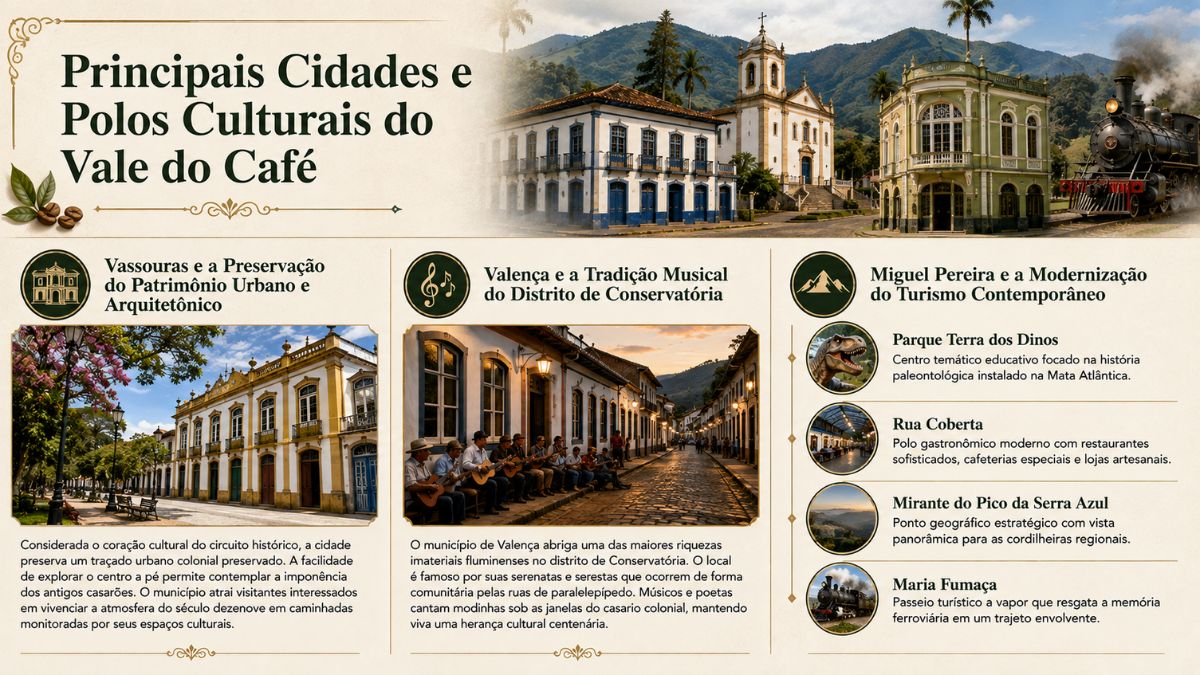 Infográfico informativo sobre as principais cidades e polos culturais do Vale do Café no Rio de Janeiro com destaque para o patrimônio de Vassouras a tradição musical de Conservatória em Valença e os atrativos modernos de Miguel Pereira.