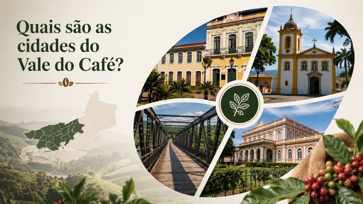 Infográfico sobre quais são as cidades do Vale do Café mostrando o mapa do estado do Rio de Janeiro, casarões imperiais, igreja histórica, ponte metálica e frutos de café.