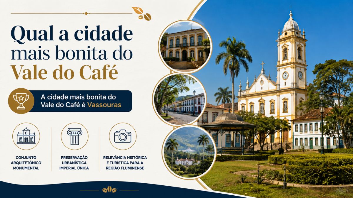 Infográfico explicativo sobre a cidade mais bonita do Vale do Café com fotos da Igreja Matriz de Nossa Senhora da Conceição e praças de Vassouras.