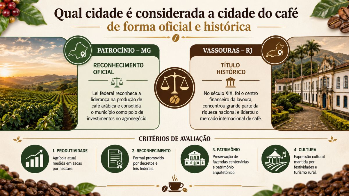 Infográfico explicativo sobre qual cidade é considerada a cidade do café de forma oficial e histórica, comparando o reconhecimento oficial de Patrocínio em Minas Gerais com o título histórico de Vassouras no Rio de Janeiro, além de apresentar os critérios de produtividade, reconhecimento, patrimônio e cultura.
