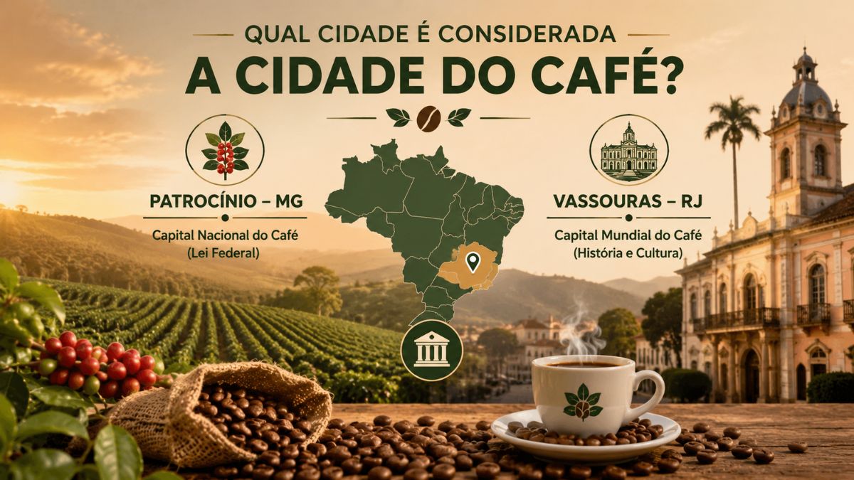 Infográfico comparativo sobre qual cidade é considerada a cidade do café no Brasil, destacando Patrocínio em Minas Gerais como Capital Nacional do Café por lei federal e Vassouras no Rio de Janeiro como Capital Mundial do Café pela história e cultura, acompanhado de mapa e grãos.v