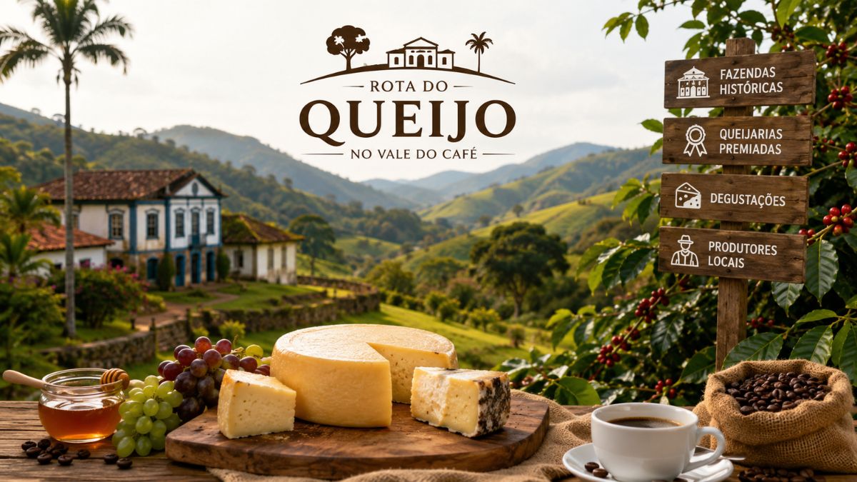Queijos artesanais maturados acompanhados de mel, uvas, café e grãos em uma tábua de madeira com o logotipo da Rota do Queijo no Vale do Café e uma fazenda histórica ao fundo em meio às montanhas.