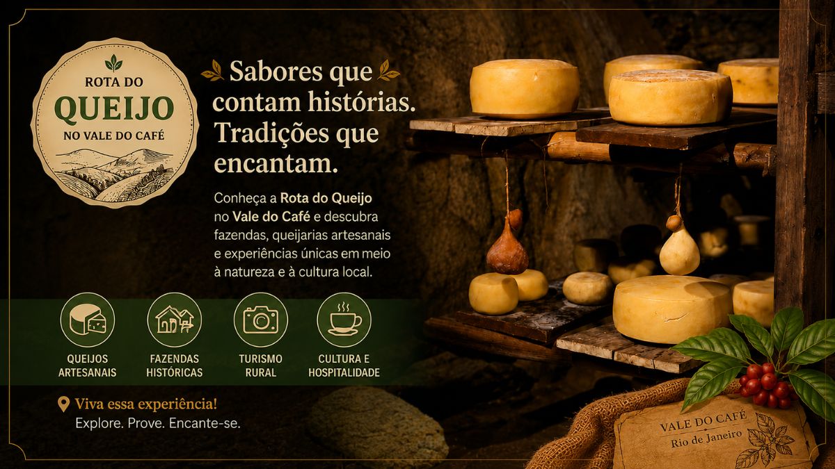 Fotografia de peças de queijo artesanal dispostas em prateleiras rústicas de madeira no interior de uma caverna subterrânea de pedra. No lado esquerdo, há um selo circular com ilustrações de colinas rurais e ramos de café com frutos maduros posicionados na base.