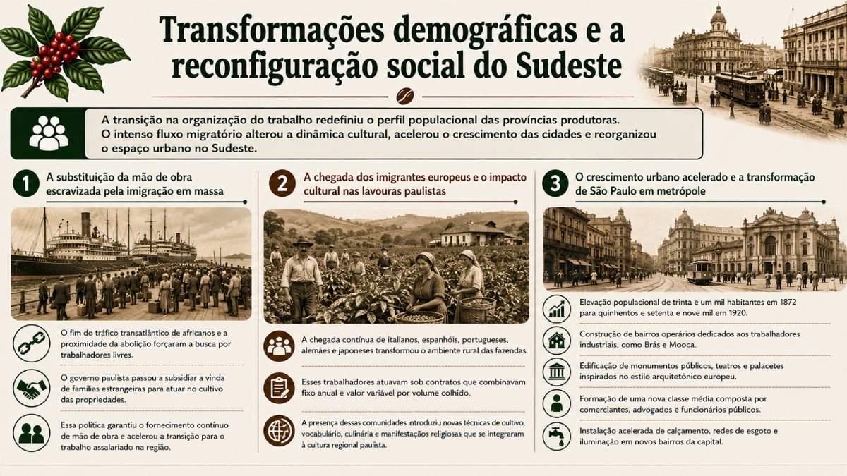Infográfico sobre as transformações demográficas e a reconfiguração social do Sudeste durante o ciclo do café, destacando a imigração em massa, os impactos culturais nas lavouras e a metropolização de São Paulo.