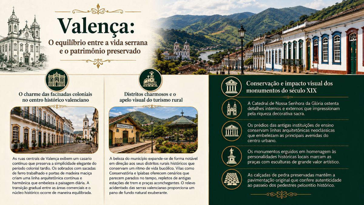 Infográfico sobre Valença com fotos de casarios coloniais, a estação de trem de Conservatória e a Catedral de Nossa Senhora da Glória.