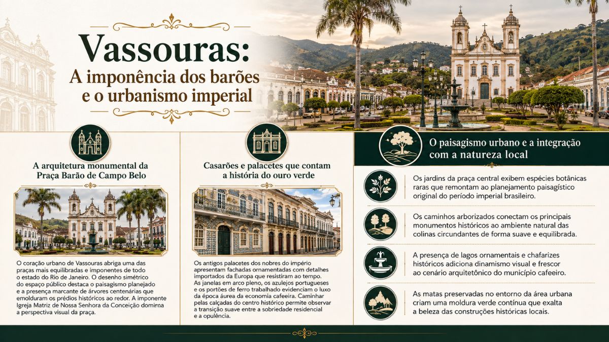 Infográfico sobre Vassouras com fotos da Praça Barão de Campo Belo, palacetes imperiais com azulejos portugueses e a Igreja Matriz.