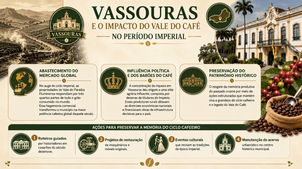 Infográfico sobre Vassouras e o impacto do Vale do Café no período imperial, destacando o abastecimento do mercado global com três quartas partes do grão mundial, a influência política dos Barões do Café e a preservação do patrimônio histórico com roteiros e restaurações.