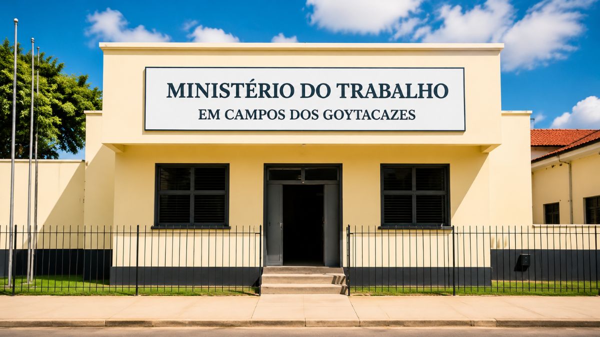 Fotografia da fachada do prédio do Ministério do Trabalho em Campos dos Goytacazes com uma grande placa de identificação na entrada.