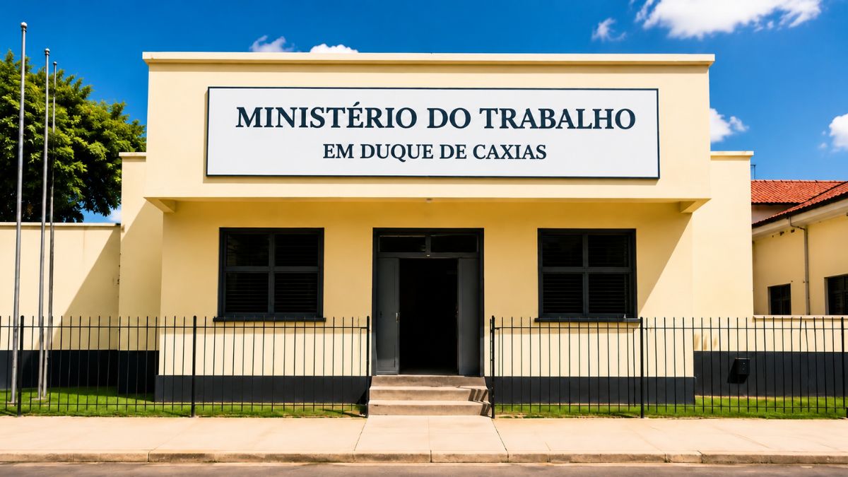 Fachada externa da agência do Ministério do Trabalho em Duque de Caxias com paredes amarelas, grades pretas e placa oficial branca.