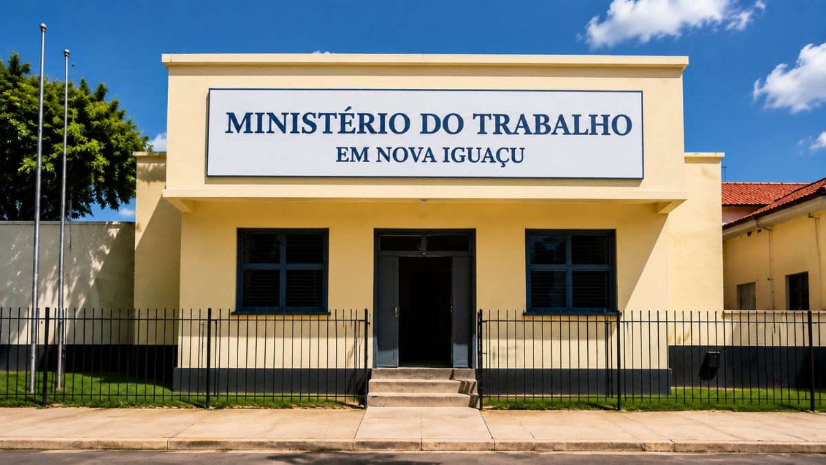 Fachada da agência do Ministério do Trabalho em Nova Iguaçu com uma grande placa informativa instalada no topo do prédio.
