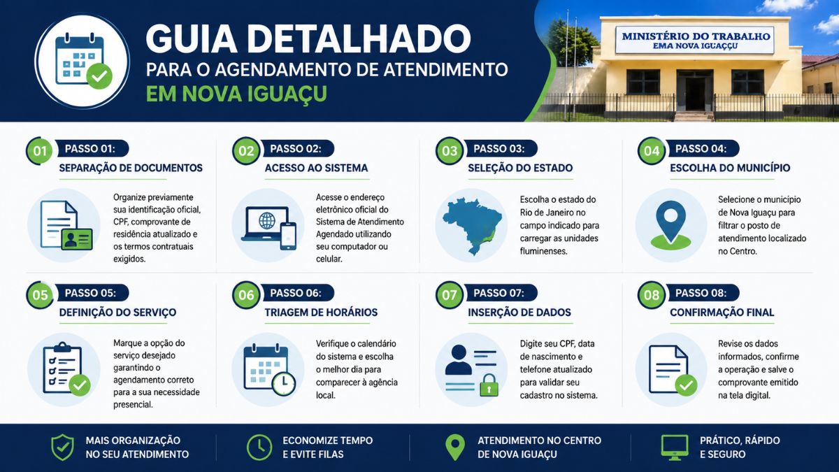 Infográfico explicativo apresentando o passo a passo com oito etapas para o agendamento de atendimento no Ministério do Trabalho em Nova Iguaçu.