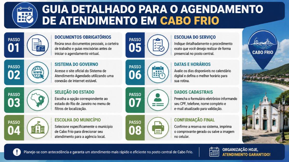 Infográfico explicativo mostrando oito passos numerados para realizar o agendamento de atendimento presencial em Cabo Frio com ícones ilustrativos.