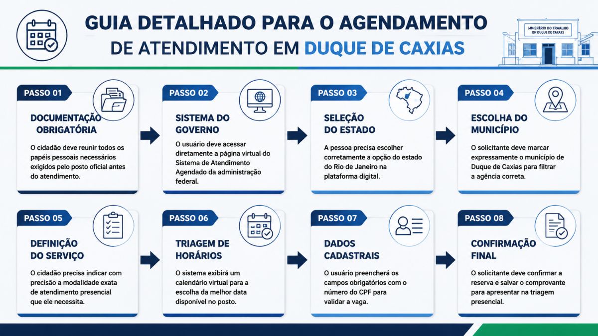 Infográfico com oito passos numerados para agendamento no Ministério do Trabalho em Duque de Caxias, mostrando ícones de documentos, sistemas e confirmação.