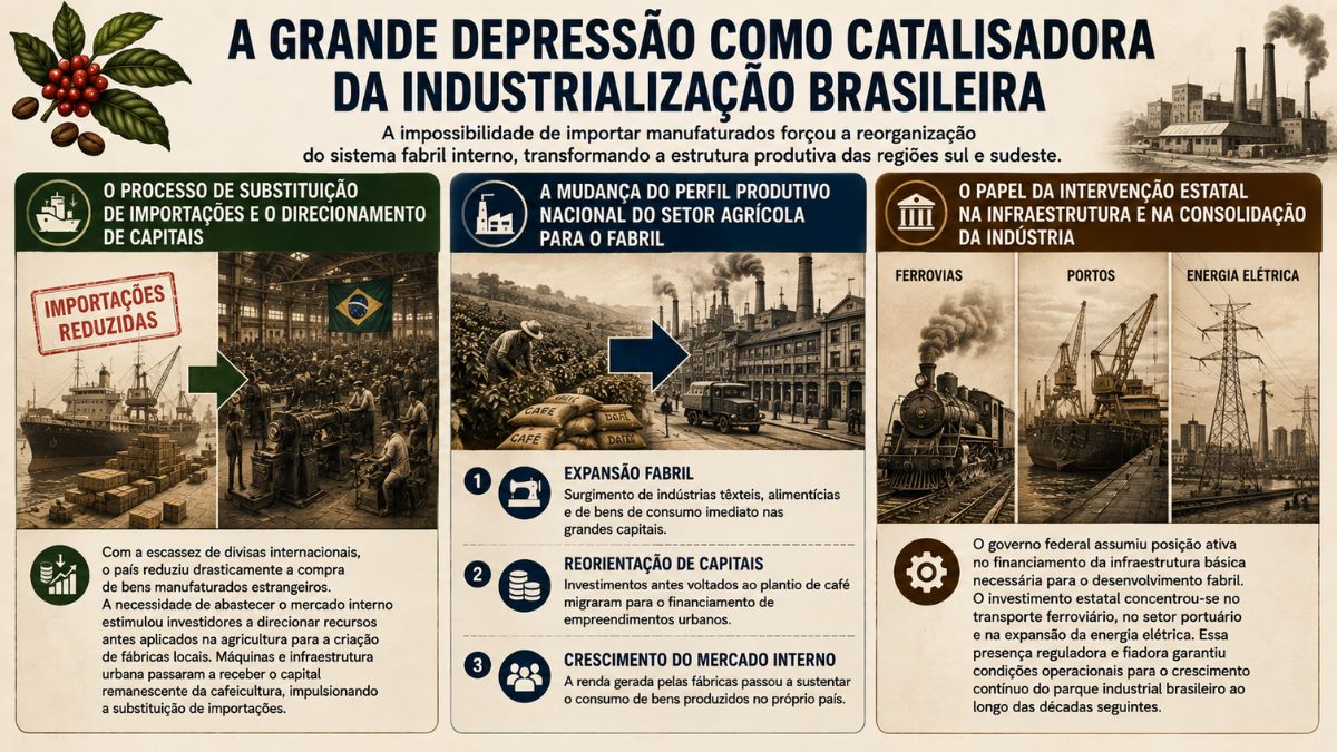 Infográfico explicativo sobre como a crise de 1929 estimulou a industrialização no Brasil, detalhando a substituição de importações, o redirecionamento de capitais da cafeicultura para fábricas e a intervenção estatal em ferrovias, portos e energia elétrica.