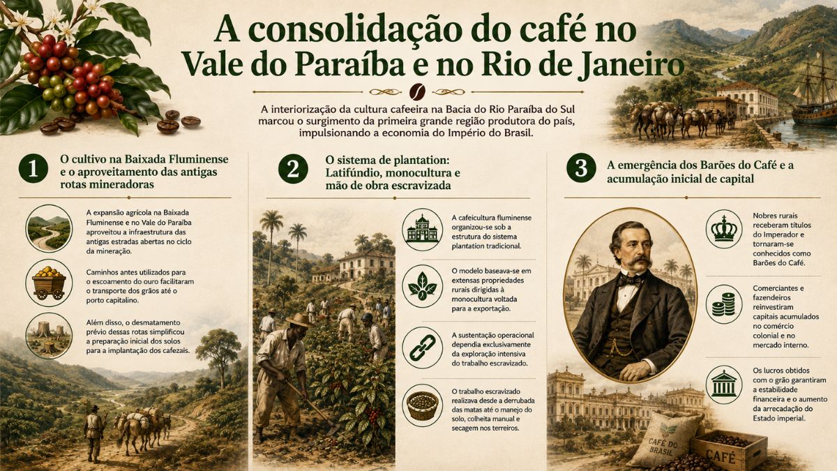 Infográfico histórico sobre a consolidação do cultivo do café no Vale do Paraíba, sistema de plantation e Barões do Café.