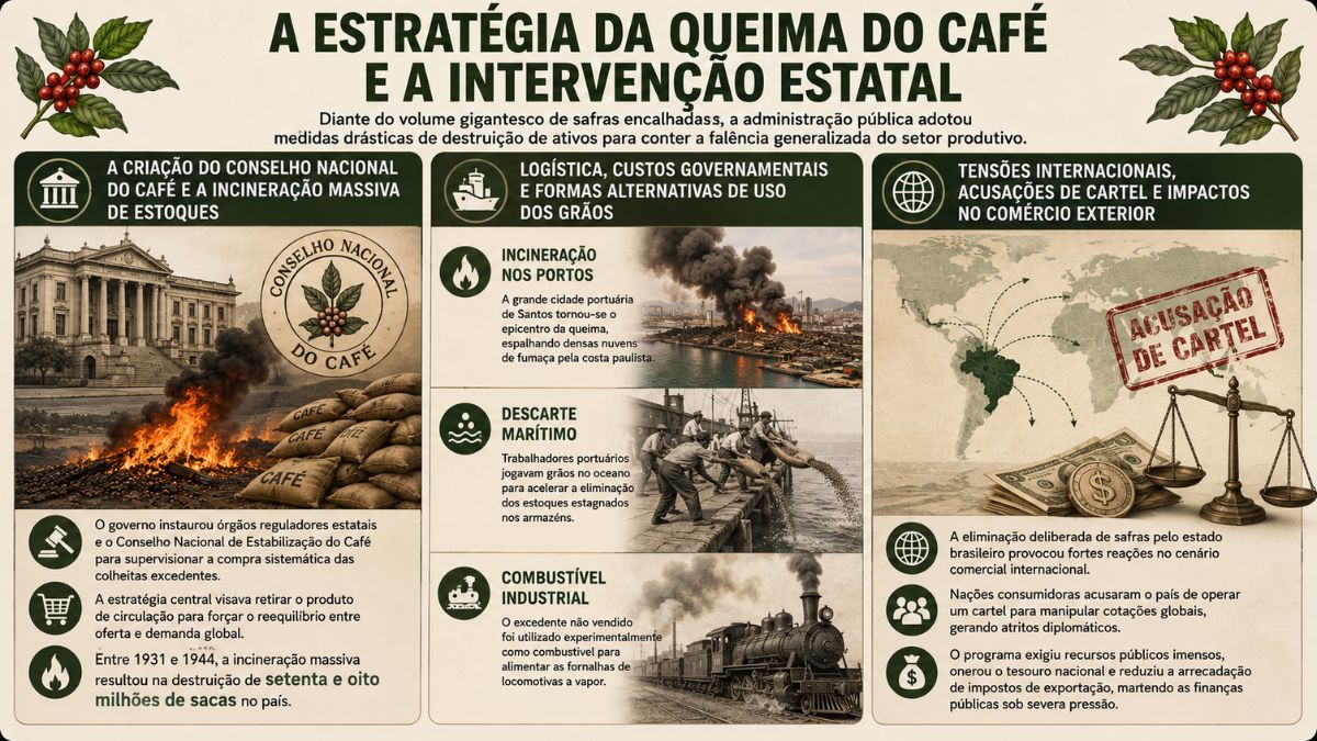 Infográfico explicativo sobre a estratégia da queima de café no Brasil durante a crise de 1929, destacando a criação do Conselho Nacional do Café, a incineração nos portos de Santos, o descarte marítimo, o uso do grão como combustível para locomotivas e as acusações de cartel no comércio exterior.