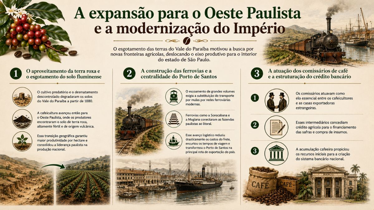 Infográfico histórico sobre a expansão do café no Oeste Paulista, uso da terra roxa, ferrovias e Porto de Santos.