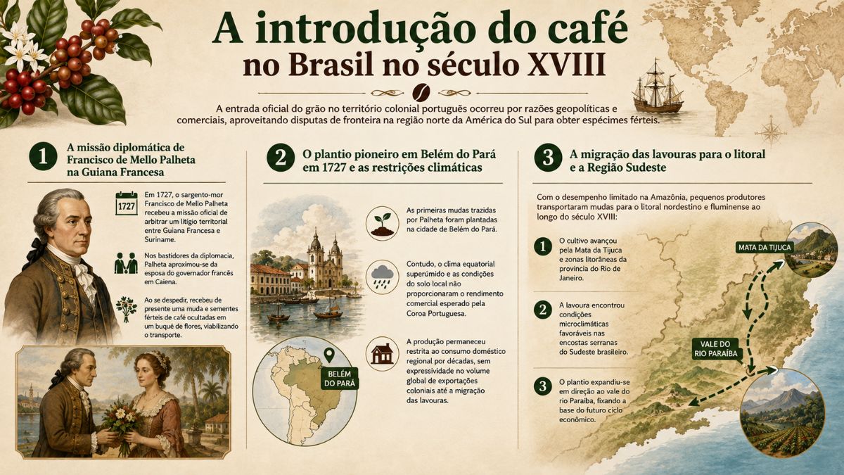 Infográfico histórico sobre a introdução do café no Brasil no século XVIII com a missão de Francisco de Mello Palheta e o cultivo inicial.