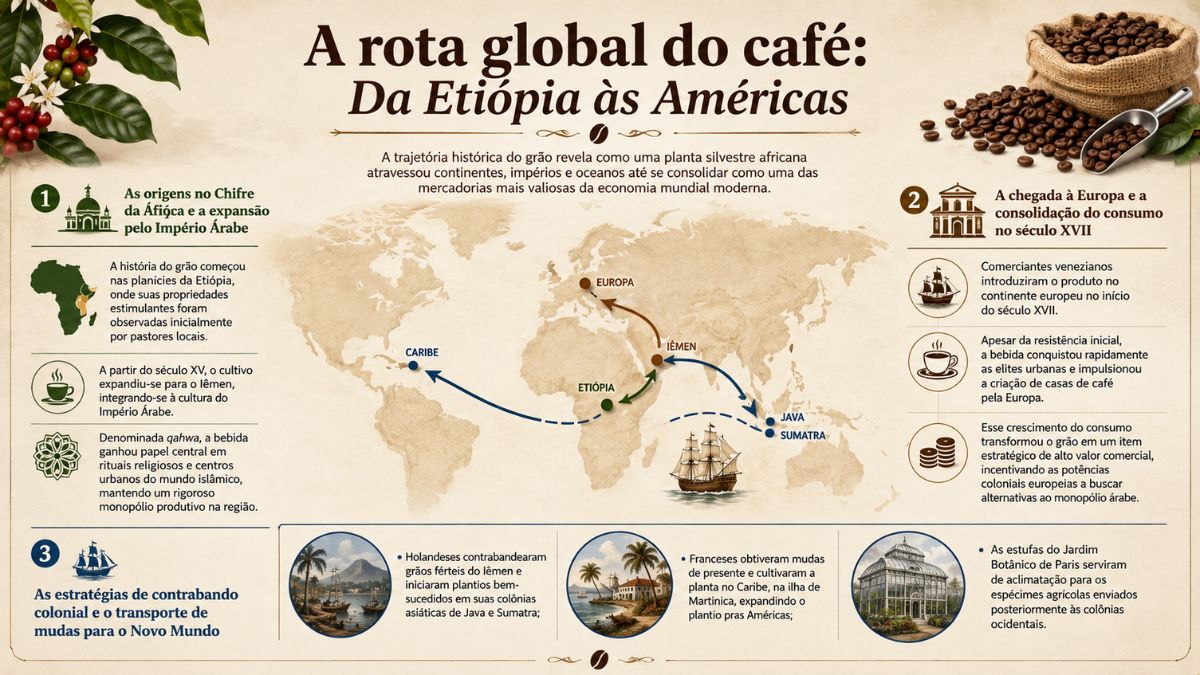 Infográfico com mapa-múndi mostrando a rota global do café desde a Etiópia e Império Árabe até Europa, Ásia e Américas.