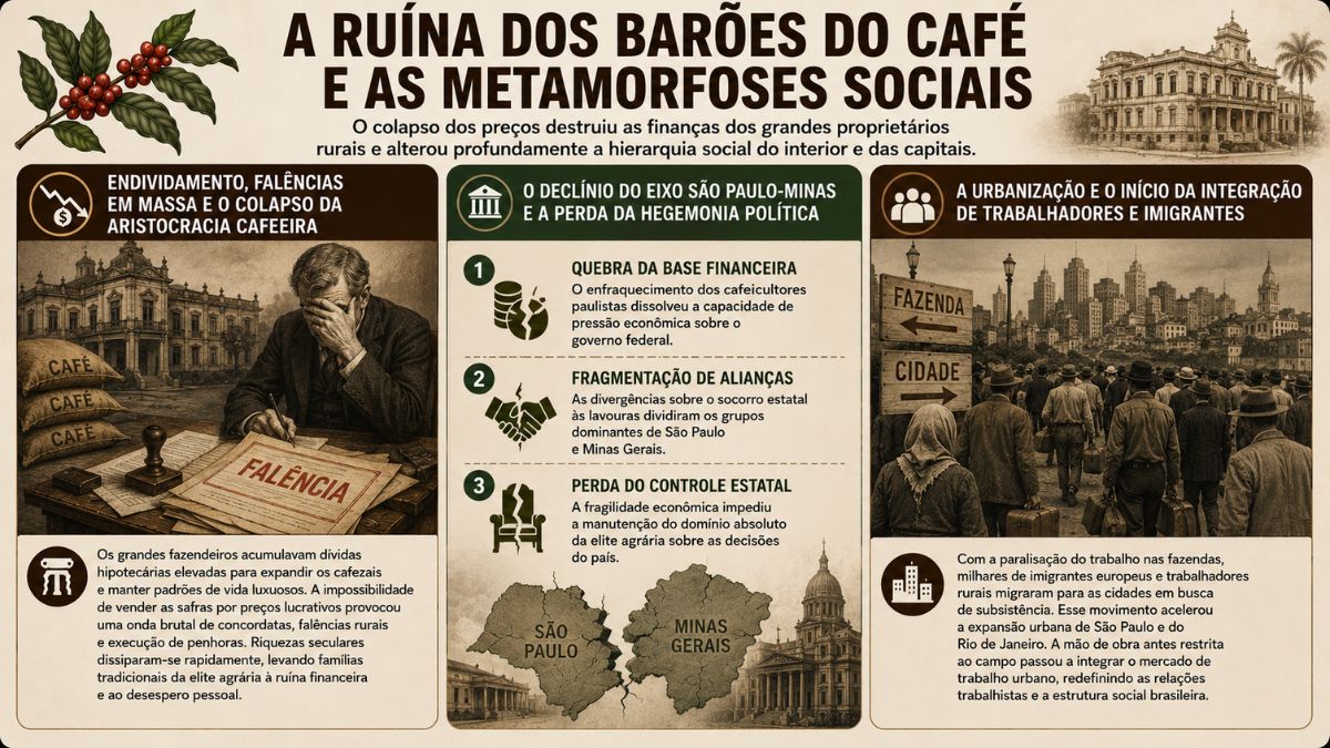 Infográfico educativo sobre a ruína da aristocracia cafeeira e as transformações sociais após a crise de 1929 no Brasil, detalhando o endividamento e as falências rurais, o declínio político do eixo São Paulo e Minas Gerais e a migração de trabalhadores do campo para os centros urbanos.