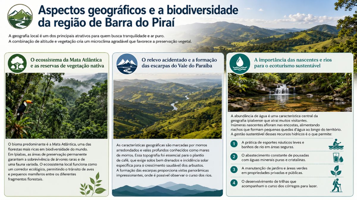 Infográfico ambiental sobre a geografia e biodiversidade de Barra do Piraí em Ipiabas destacando a Mata Atlântica com tucano, o relevo de mares de morros e cachoeiras naturais.