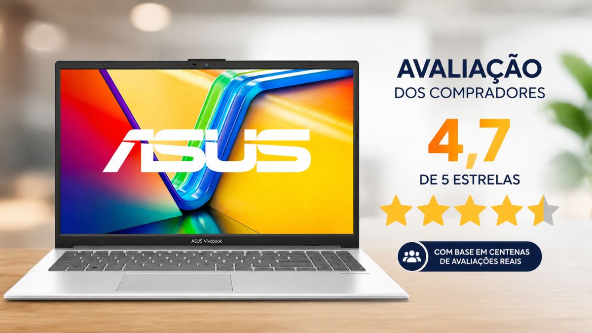 Notebook ASUS Vivobook Go 15 aberto em mesa com destaque para nota de avaliação dos compradores quatro ponto sete de cinco estrelas.