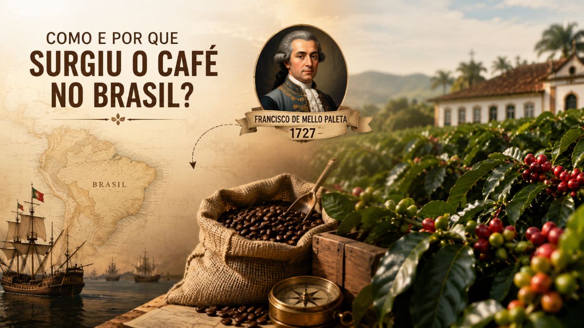 Infográfico histórico sobre a origem e expansão do cultivo do café no Brasil em 1727 por Francisco de Mello Palheta.