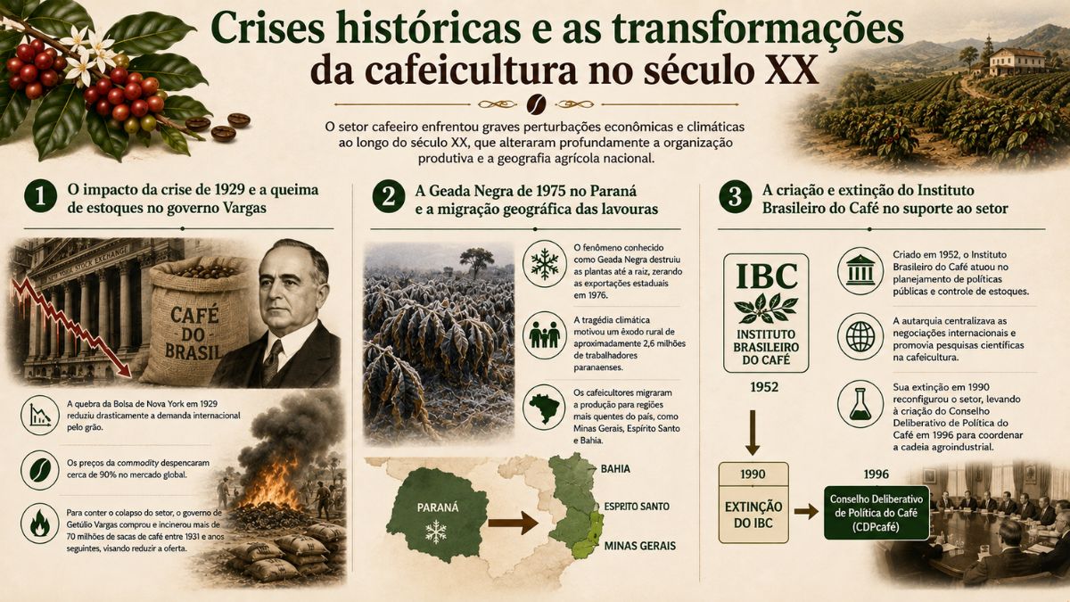 Infográfico histórico sobre as crises do café no século XX, incluindo a crise de 1929, a Geada Negra de 1975 e o Instituto Brasileiro do Café.