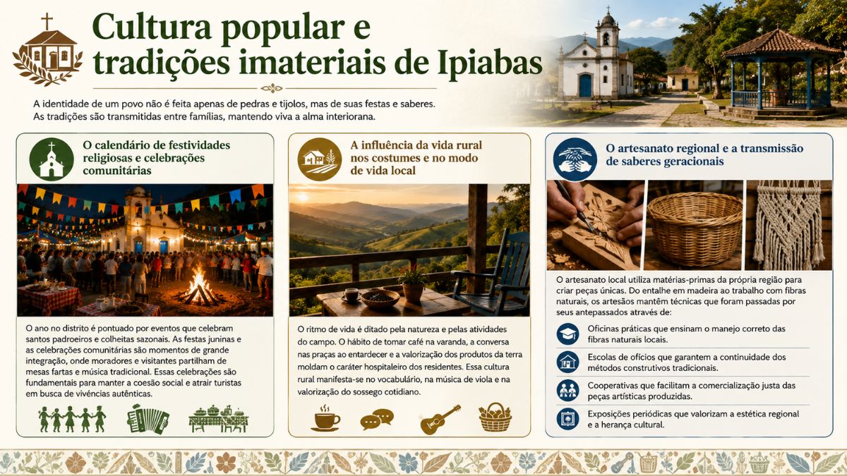 Infográfico sobre a cultura popular e tradições imateriais de Ipiabas com destaque para festas juninas, vida rural com café na varanda e artesanato regional em madeira e fibras.