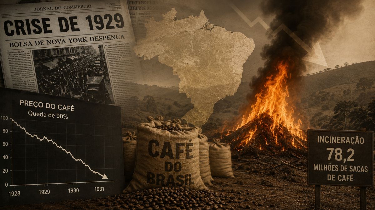 Infográfico histórico sobre como a crise de 1929 afetou o Brasil, exibindo jornais da época, gráfico com a queda de noventa por cento no preço do café, sacas empilhadas, mapa do país e a incineração de setenta e oito milhões de sacas em chamas.
