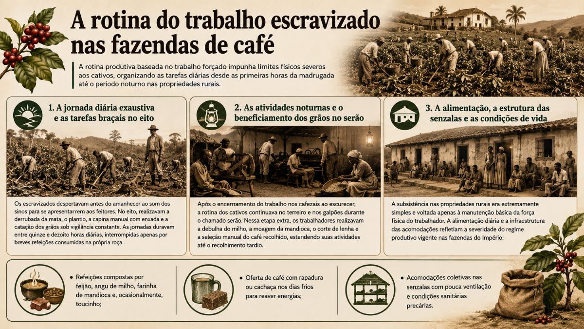 Infográfico detalhando a rotina do trabalho escravizado nas fazendas de café com etapas de jornada no eito, serão noturno e condições de vida.