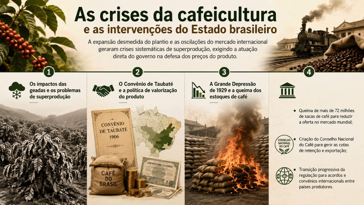 Infográfico explicando as crises do café no Brasil, abarcando geadas, o Convênio de Taubaté, a crise de 1929 e a queima de estoques.