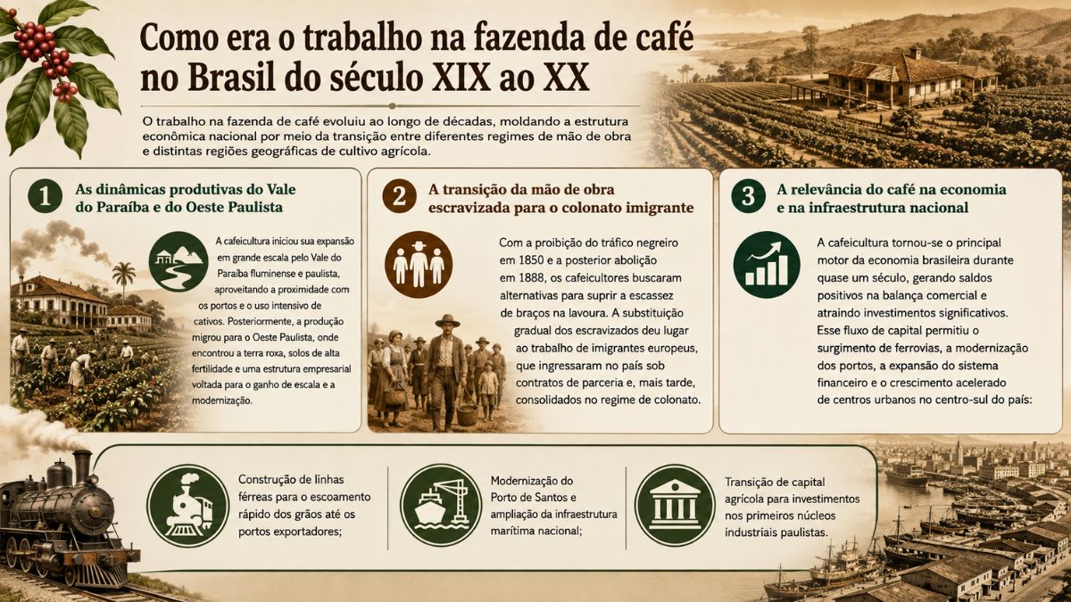 Infográfico explicativo sobre a evolução do trabalho na fazenda de café no Brasil entre os séculos XIX e XX mostrando a transição da mão de obra.