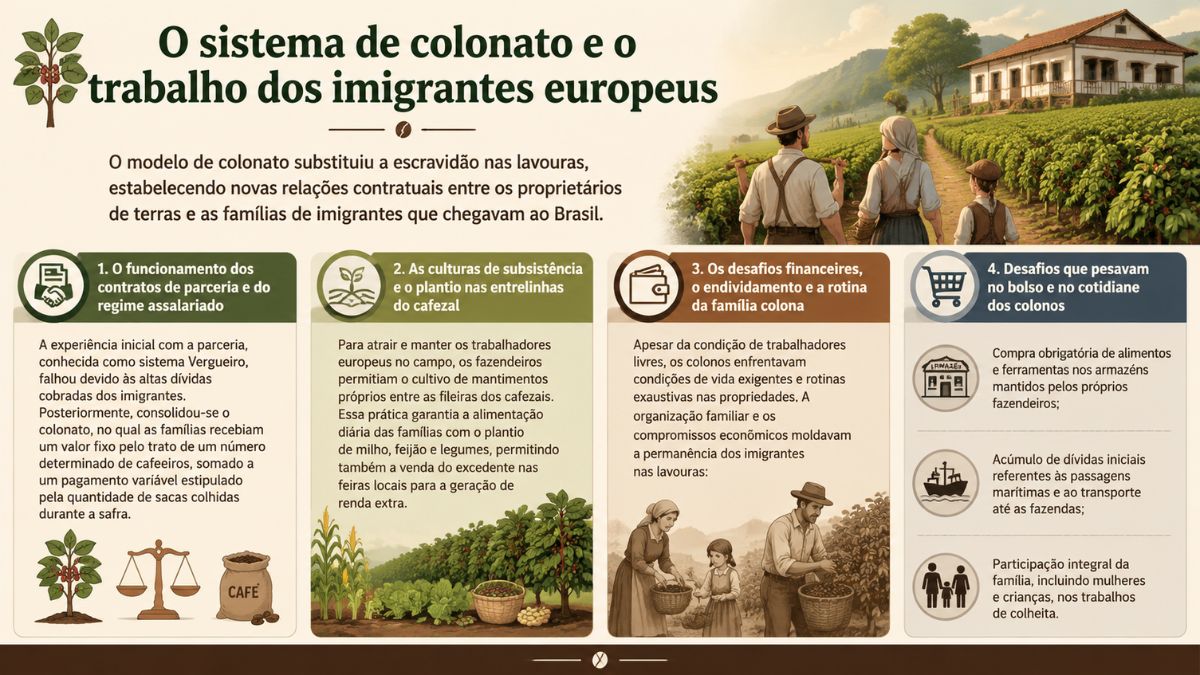 Infográfico explicando o sistema de colonato e o trabalho dos imigrantes europeus nas fazendas de café com contratos, cultivos e rotina familiar.