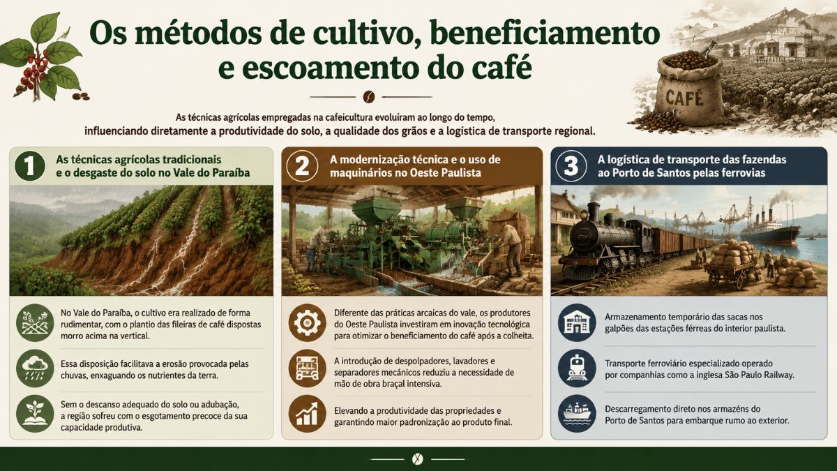Infográfico explicando as técnicas de cultivo, o beneficiamento mecânico e a logística de transporte do café do interior paulista até o Porto de Santos.