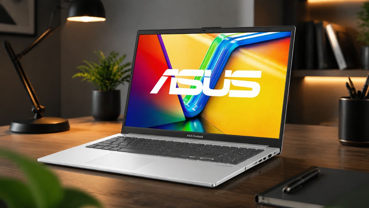 Notebook ASUS Vivobook Go 15 prata visto em perspectiva sobre mesa de madeira escura com luminária acesa ao fundo.