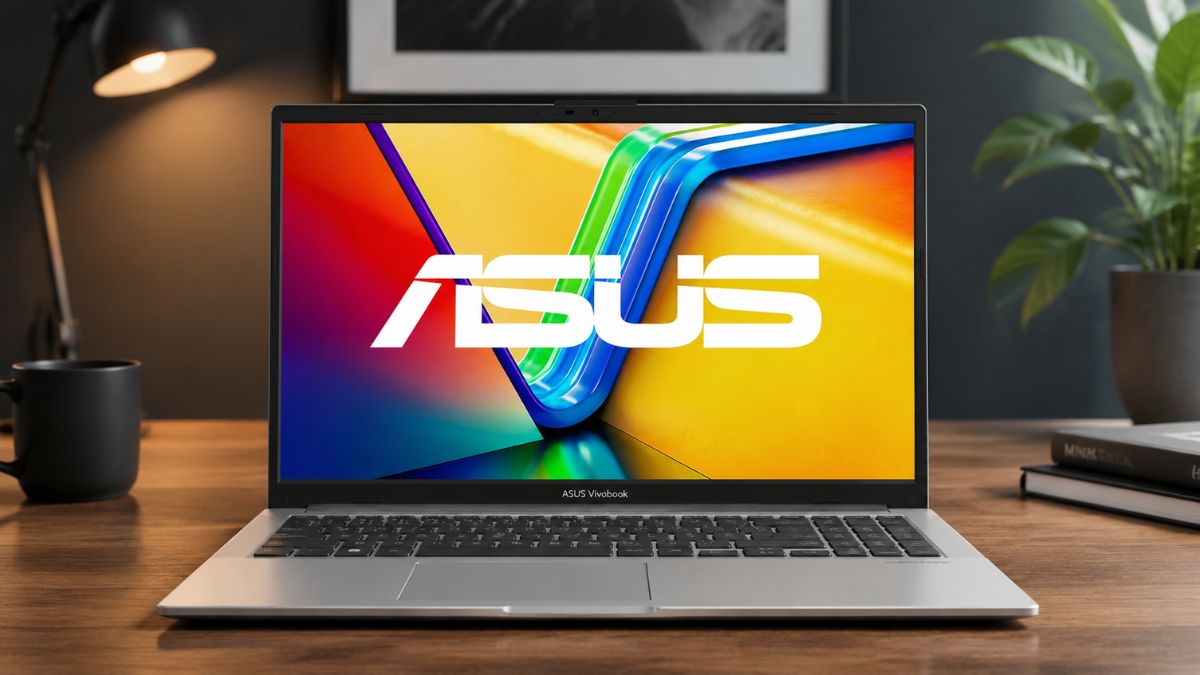 Notebook prateado Asus Vivobook aberto sobre uma mesa de madeira escura com a logo da marca exibida em sua tela colorida.