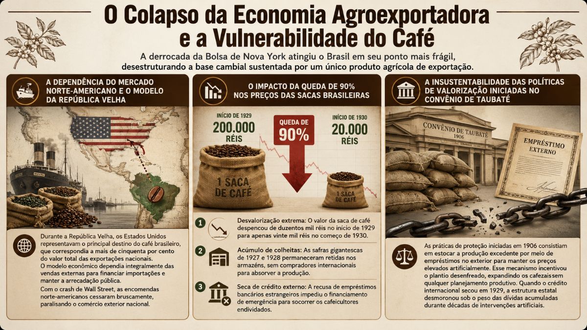 Infográfico explicativo sobre como a crise de 1929 afetou a economia agroexportadora do Brasil, detalhando a dependência do mercado norte-americano, a queda de noventa por cento no preço da saca de café de duzentos mil réis para vinte mil réis e a insustentabilidade do Convênio de Taubaté.