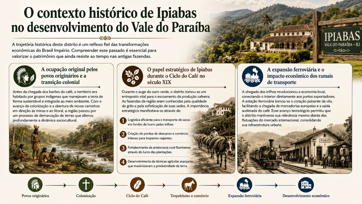 Infográfico histórico sobre Ipiabas no Vale do Paraíba destacando a ocupação por povos originários, a época do Ciclo do Café com tropeiros e a expansão da ferrovia com imagens históricas de fazendas e estações de trem.