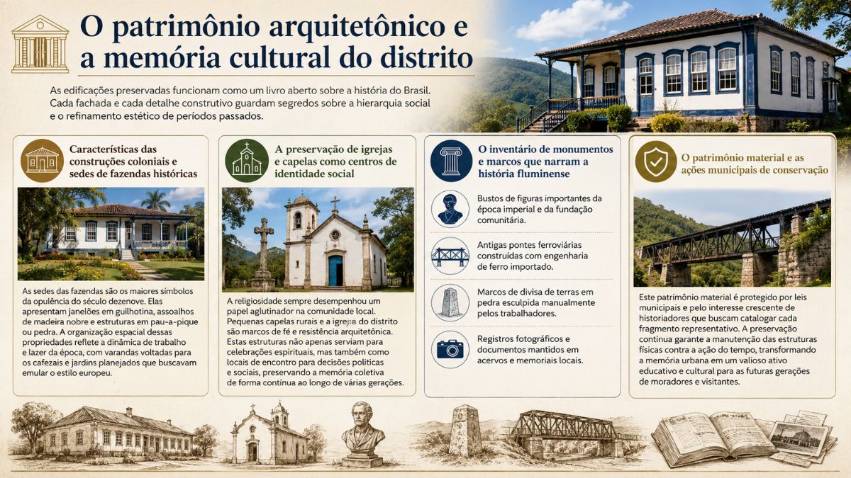 Infográfico sobre o patrimônio arquitetônico e cultural de Ipiabas mostrando casarões de fazendas coloniais, igreja histórica, pontes ferroviárias de ferro e ações de conservação.