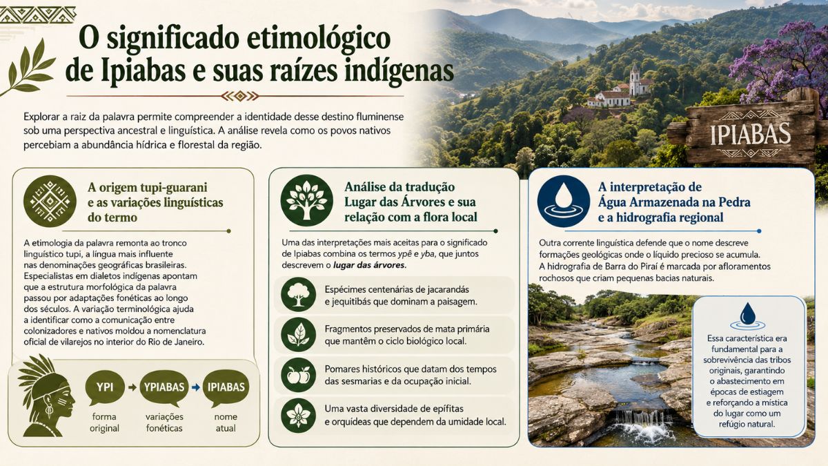 Infográfico explicativo sobre o significado de Ipiabas detalhando as raízes tupi-guarani do termo, traduzido como lugar das árvores ou água armazenada na pedra, com paisagem das montanhas de Barra do Piraí e riacho em rochas ao fundo.