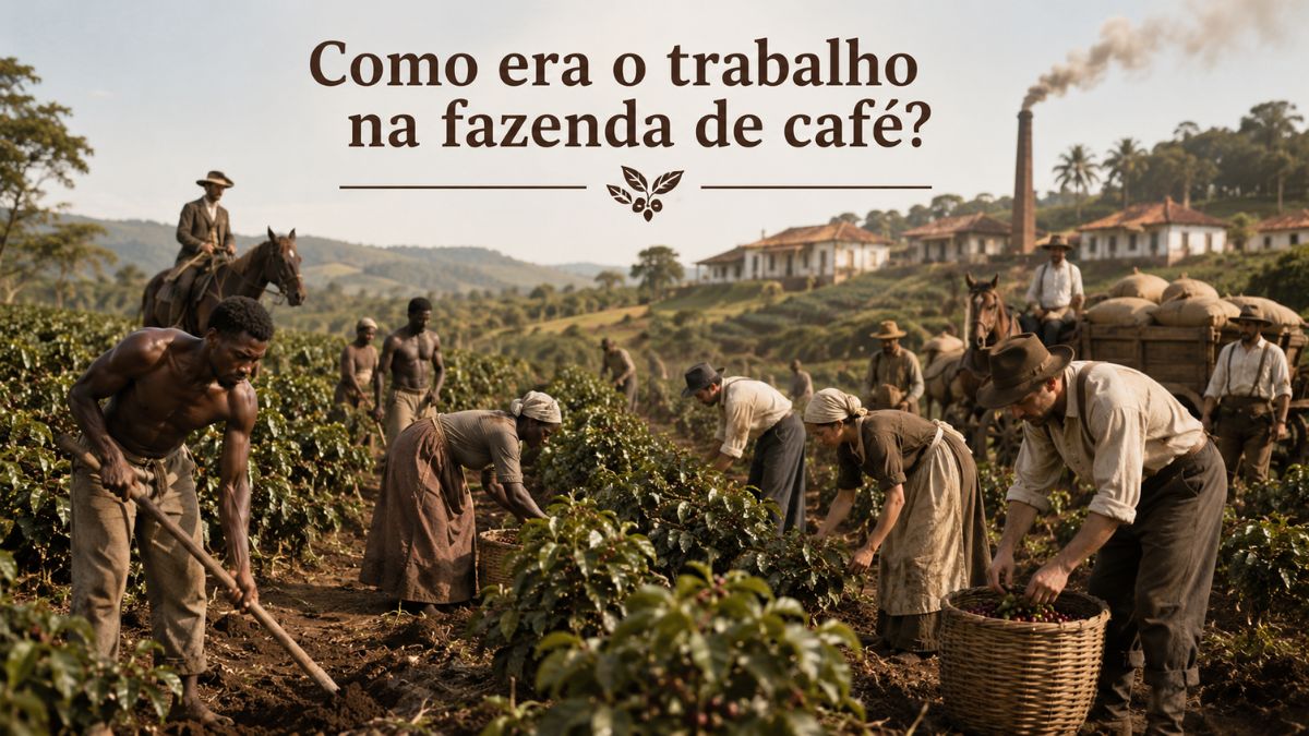 Trabalhadores rurais realizando a colheita e o manejo do cafezal em uma fazenda de café histórica com o casarão e a chaminé ao fundo.