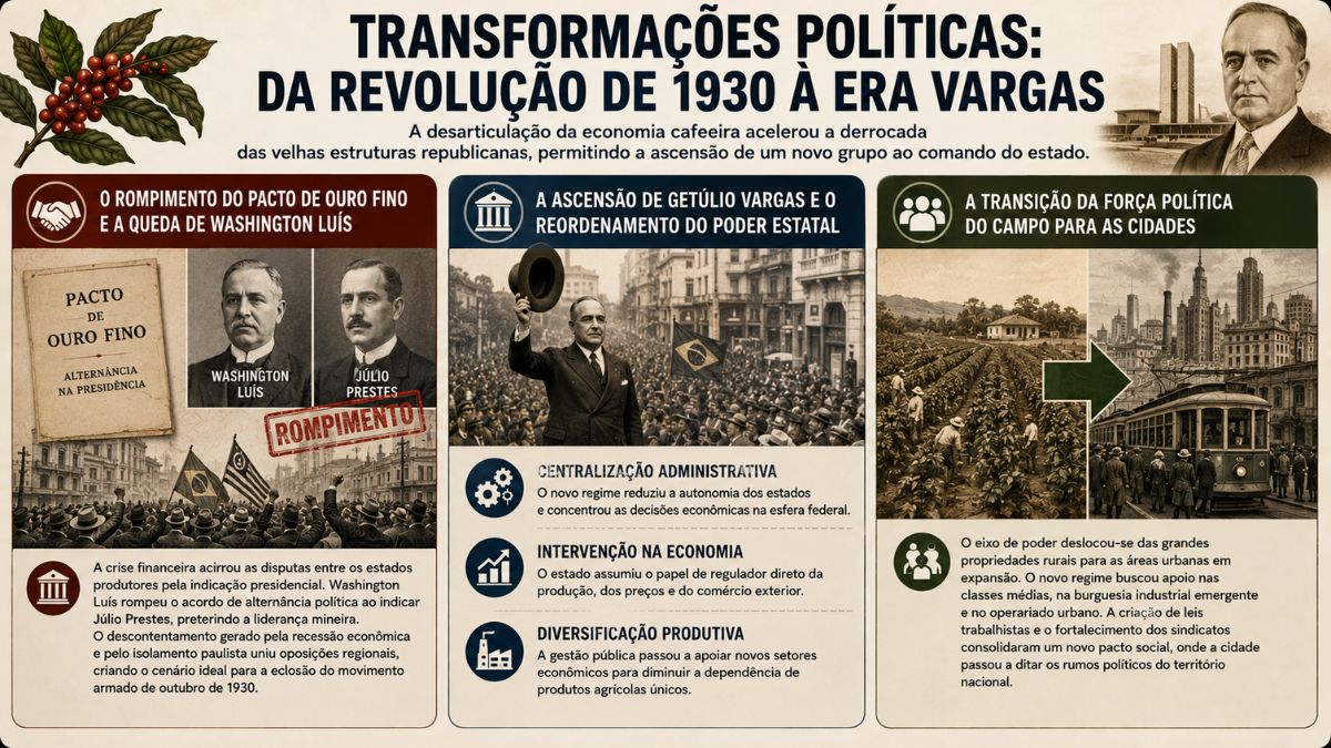 Infográfico histórico sobre as transformações políticas resultantes da crise de 1929 no Brasil, destacando o rompimento do Pacto de Ouro Fino por Washington Luís, a ascensão de Getúlio Vargas com a Revolução de 1930 e a transição do poder político do campo para as cidades.